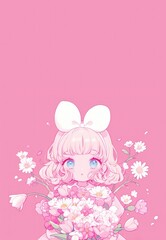 pink daisy and tulip bouquet cute girl ribbon bow anime clipart card