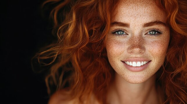 A close-up portrait of a smiling woman with vibrant red hair and striking freckles, conveying a sense of joy and natural beauty and warmth against a dark background.
