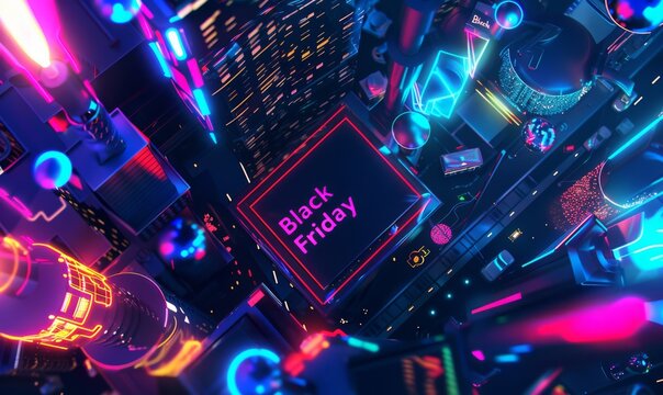 Black Friday - neon glowing text sign on futuristic technological background, shopping or promotional banner design