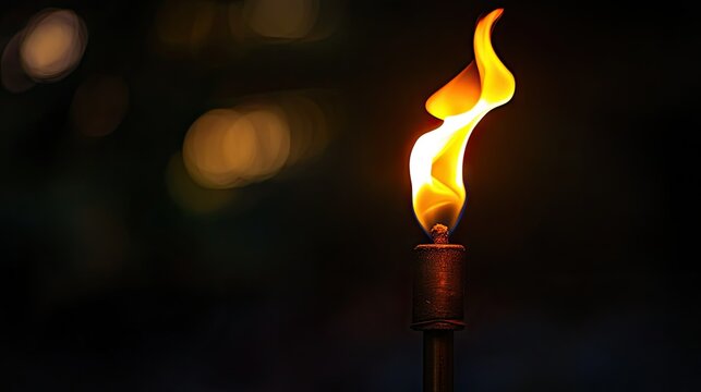 A torch flame burning steadily in the dark, with a bright yellow-orange flame, casting light in the surrounding area.