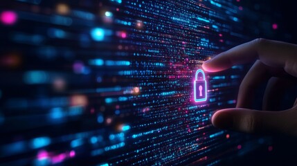 Fototapeta premium A finger touches the glowing digital padlock symbol on the right side of the screen, with a deep blue background and light neon pink and purple lights.