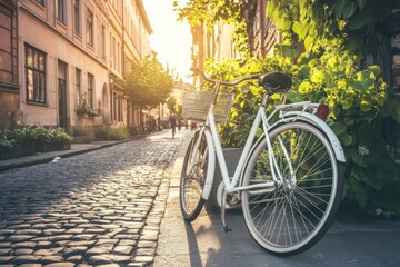 Fototapeta premium White bicycle parked on a cobblestone street