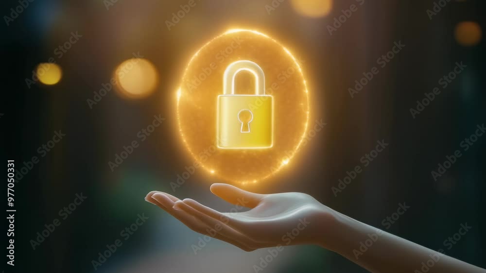 Poster Hand reaching out to a glowing padlock symbol, symbolizing data protection and business security. Secure technology and encryption.