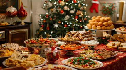 Christmas festive table with various dishes and drinks