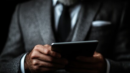 A businessman in a dark, formal suit is engaged with a digital tablet, highlighting the integration of technology in professional settings, with a background of low light.