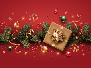 Seamless Horizontal border with gold and green Christmas symbols and text. Christmas tree, balls, girt, golden tinsel confetti and snowflakes on a red background.
