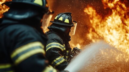 Obraz premium Two firefighters in full gear are actively using water hoses to extinguish a large and intense raging fire, symbolizing bravery, dedication, and emergency response.