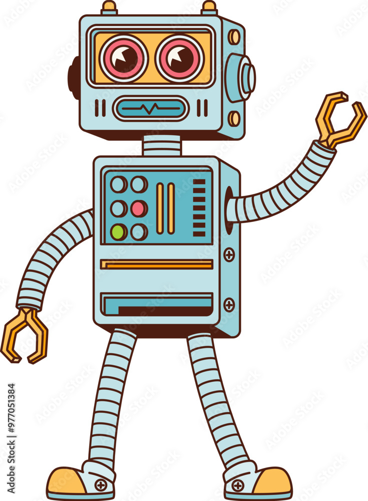 Poster cartoon retro groovy robot character or robotic cyborg, vector comic art. groovy funky retro robot w