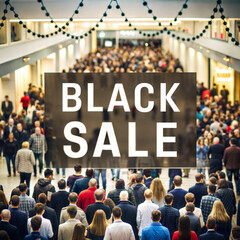 Crowd of people shopping during Black Sale event with prominent text overlay