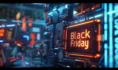 Black Friday - neon glowing text sign on futuristic technological background, shopping or promotional banner design