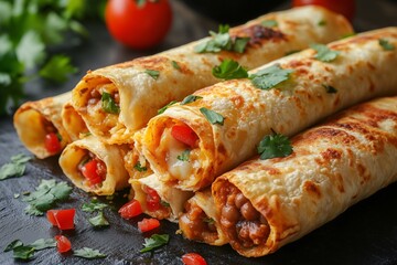 Bean and cheese taquitos, crispy rolled tortillas filled with seasoned beans and melted cheese, served with salsa, food photography