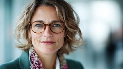 A woman with curly short hair and glasses wears a professional blazer, giving a poised, confident expression in a bright interior setting.