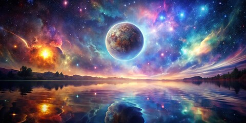 Celestial Reflection A Dreamy Landscape with a Planet and Stars, digital art, starry night, water reflection, planet, space, cosmos