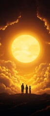 A serene silhouette of three figures against a vibrant sunset, highlighting nature's beauty and the warmth of the sun.