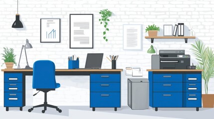 A desk with blue drawers and a computer on it, AI