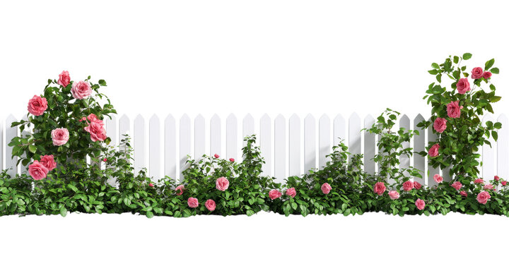 Colorful flowers growing by a white picket fence in a garden setting