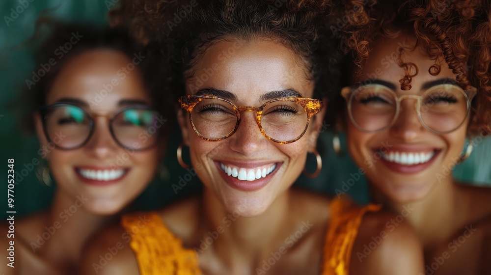 Wall mural Three smiling women with curly hair and bright glasses, capturing a moment of joy and friendship in a vibrant and lively atmosphere.