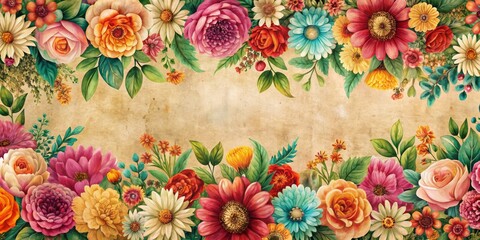 Floral Watercolor Border on Vintage Paper, Watercolor, Floral Border, Vintage