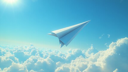 A white paper airplane flies above puffy clouds in a bright blue sky.