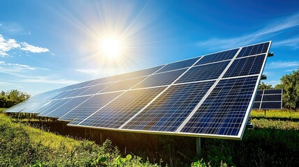 Solar panels reflecting the bright sun in an open field, showcasing the power of renewable energy in protecting the environment.