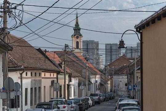 Cars parked on narrow street in Zemun, Belgrade, Serbia