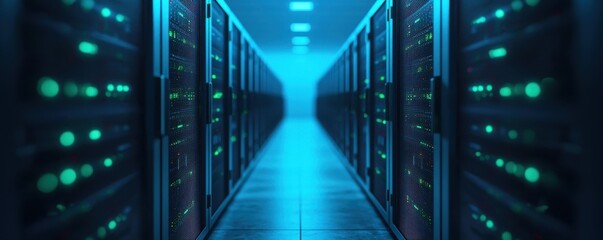 A modern server room featuring rows of high-performance servers with blue LED lights, showcasing advanced technology and data storage.