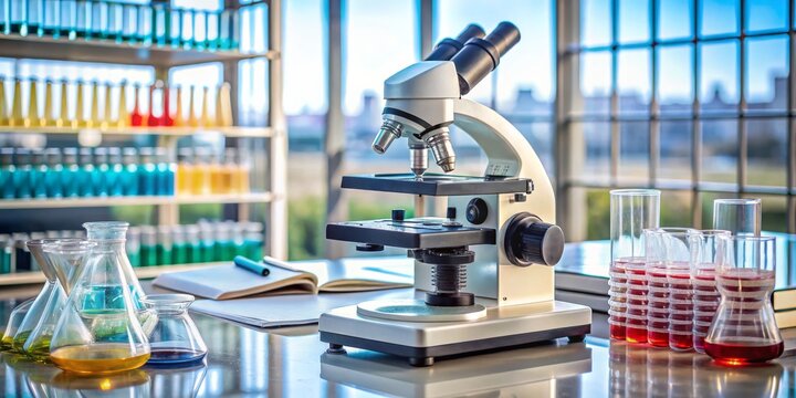 Microscope on a Lab Table with Glassware and Notebook, Microscope, Lab, Science