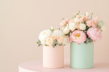 Fototapeta premium two elegant bouquets, each arranged in pastel colored round boxes one in soft pink and the other in light mint green featuring delicate peonies and roses