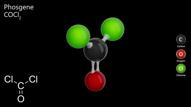 The video shows the 3d model of the phosgene molecule (CCl2O). Phosgene is a colorless nonflammable gas that has the odor of freshly cut hay. Acute toxic. 3d rendering. black background
