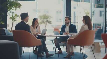 Business professionals collaborating and discussing strategies around a table in a modern office setting.