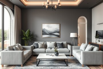 Interior of living room with grey sofa and table