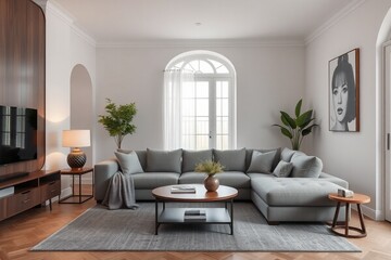 Fototapeta premium Interior of living room with grey sofa and table