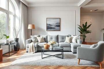 Interior of living room with grey sofa and table