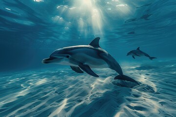 Obraz premium Playful Dolphin Swimming Under Sunlit Ocean Waters