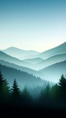 Fototapeta premium Serene mountain landscape with misty peaks and lush evergreen forests, evoking tranquility and natural beauty.