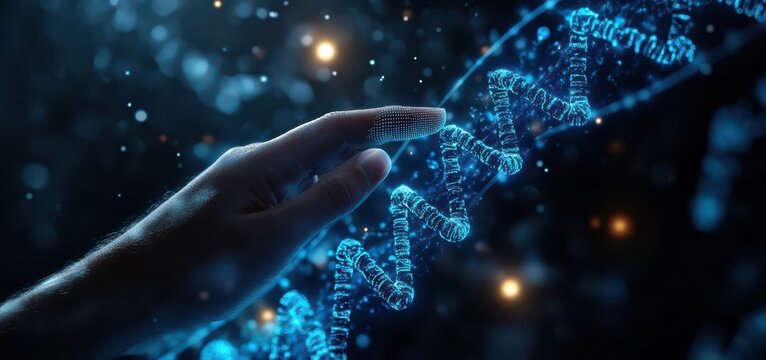Digital health technology concept with a holographic DNA strand and human hand interacting in a futuristic blue glowing environment - Powered by Adobe