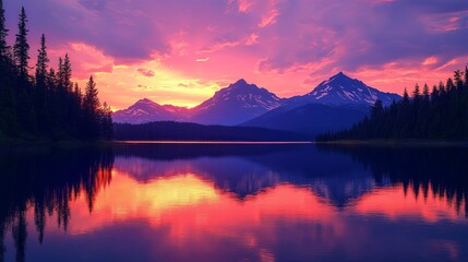 Mountain Range Reflecting in a Still Lake at Sunset