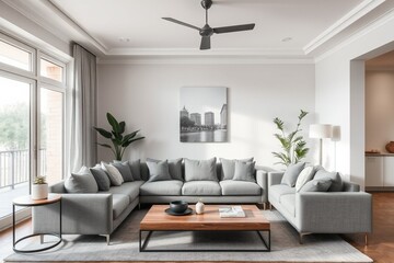 Fototapeta premium Interior of living room with grey sofa and table