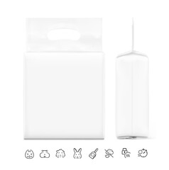 Vacuum bag with handle mockup for pet litter with set icons. Vector illustration isolated on white background. Easy to use for presentation your product, idea, promo, design. EPS10.