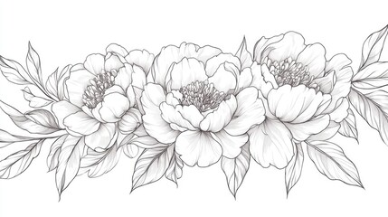 Peony Floral Line Art Hand Drawn Illustrations of Bouquets and Frames Detailed Botanical Coloring Page with Outlined Leaves and Flowers Isolated Peony Design