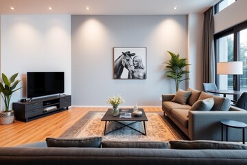 Interior of living room with grey sofa and table
