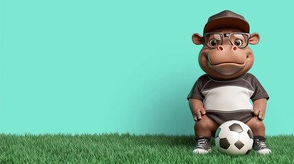 Hippo soccer player with glasses sitting on grass with ball.