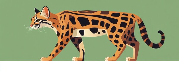 Illustration of a majestic ocelot with distinctive spotted fur gracefully walking on a minimalist background