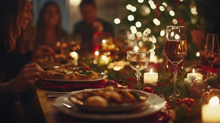 A festive table setting with wine glasses, candles, and a Christmas tree in the background.