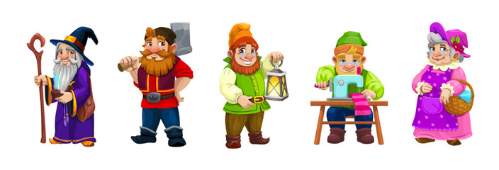 Fototapeta premium Cartoon gnome dwarf characters of miner, lumberjack and tailor, vector fairy tale personages. Gnomes or dwarfs workers, wizard with magic cane, woman gardener with basket for kids cartoon characters