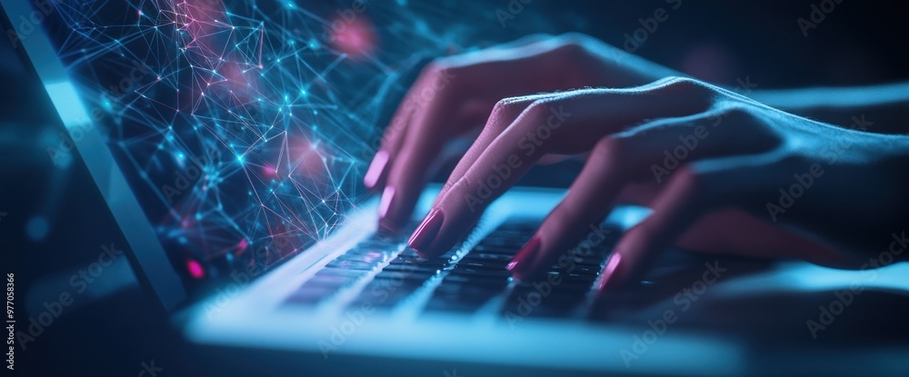 Poster hands typing on laptop with network data visualization
