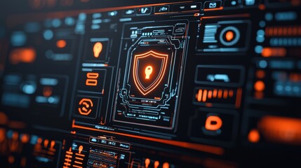 Obraz premium Futuristic digital security interface featuring a glowing shield and lock symbol, ideal for technology and cybersecurity themes.