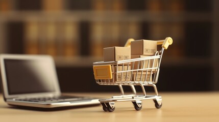 Online Shopping Cart with Packages on a Wooden Table