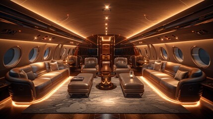 Luxurious private jet interior featuring plush seating and ambient lighting in a contemporary design. Generative AI