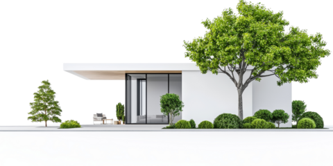 Modern house exterior with landscaping and trees, minimalistic design